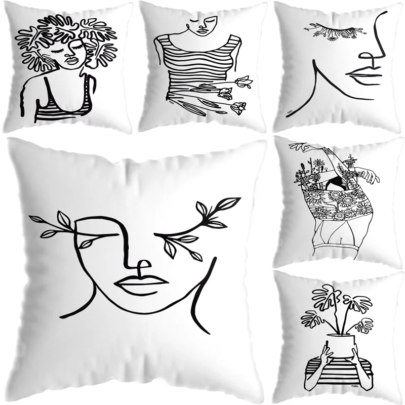

45*45cm Minimalist Figures Line Flower Cushion Case Home Decorative Office Lumbar Pillow Cover Sofa Car Cushion Cover Decor