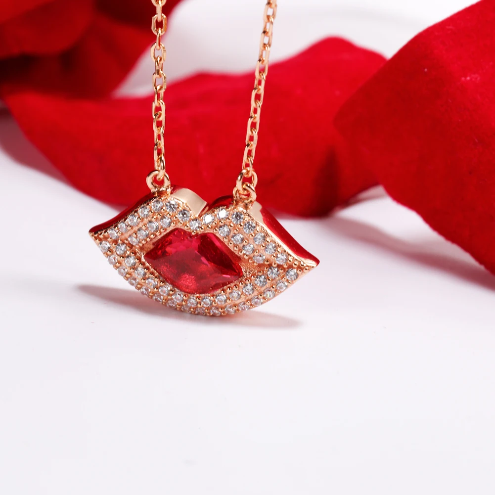 

925 Sterling Silver Fine Jewelry Sexy Red Lips Pendant Necklaces for Womens Girls Party Birthday Valentines Day Gifts