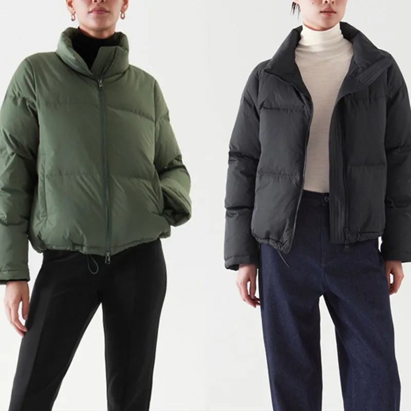 

Women Green or Black Down Jacket Stand Collar Cardigan Long Sleeve Zipper Winter 2021 New Warm Female Coats