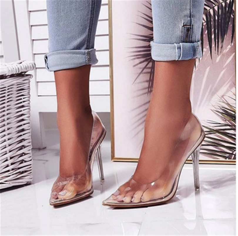 

Pumps Women's Sandals 2021 Summer Plus Size 35-42 High Heels Crystal Shoes Pointed Shallow Transparent Sexy Casual Ladies Shoes