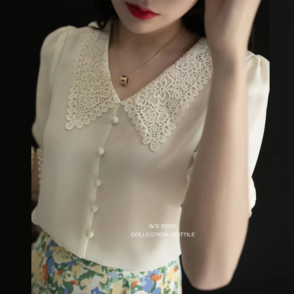 

Women Button Up Shirt Lace Peter Pan Collar Tops 2021 Spring Summer Short Sleeve Blouse Office Lady Chiffon Shirts Blsuas Mujer