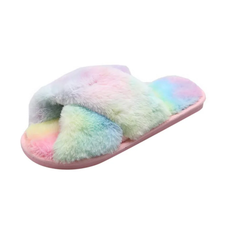 

Winter Women Mix Colors Furry Slippers Flat Fluffy Soft Fur House Slides Floor Non Slip Warm Fashion Indoor Shoes Ladies Trend