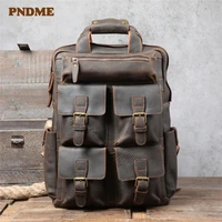 vintage natural crazy horse cowhide multi function large capacity backpack outdoor travel genuine leather multi pocket bagpack