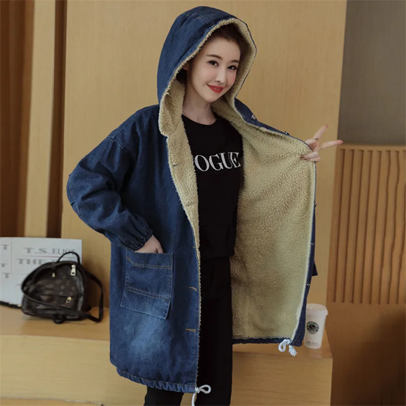Джинсовые парки женские 2019 зимние новые свободные плюс бархатные толстые пальто