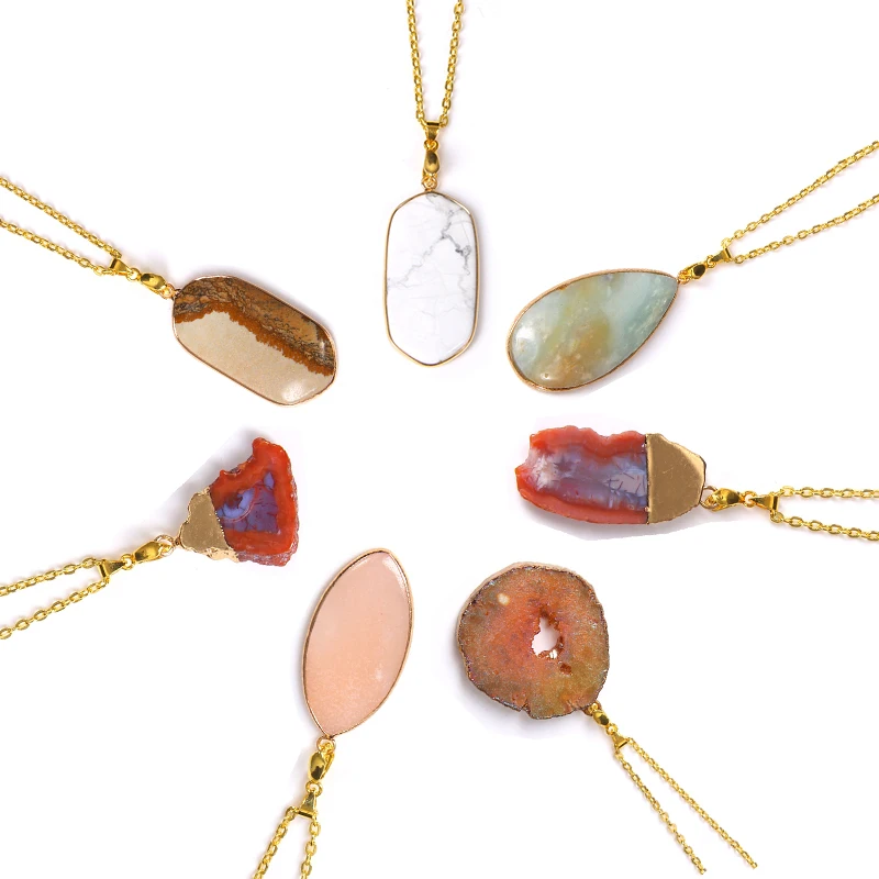 

2021 white yellow red Natural Stone Quartz Crystal Minerals Slice Necklace Pendant gold stone Chain Necklace Jewelry for women