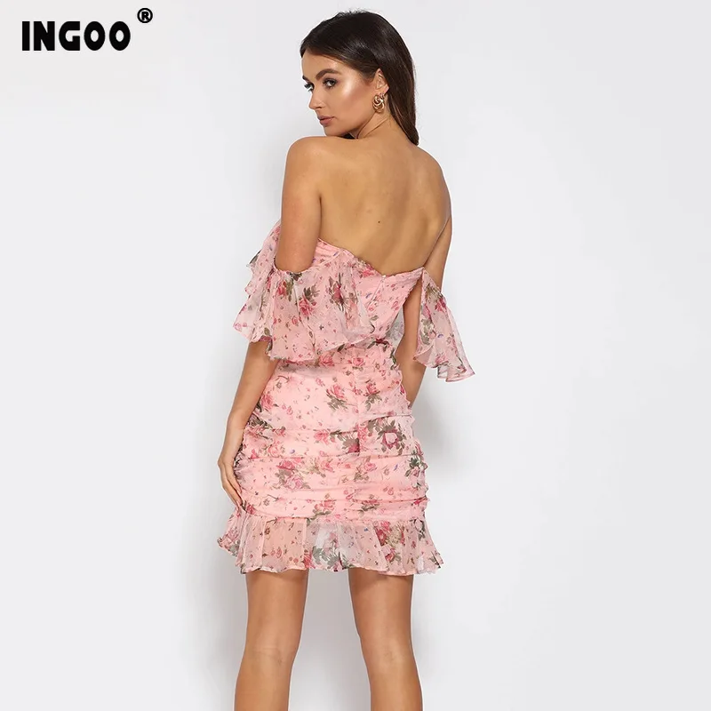 Женское мини платье с оборками открытыми плечами и цветочным принтом|Женские