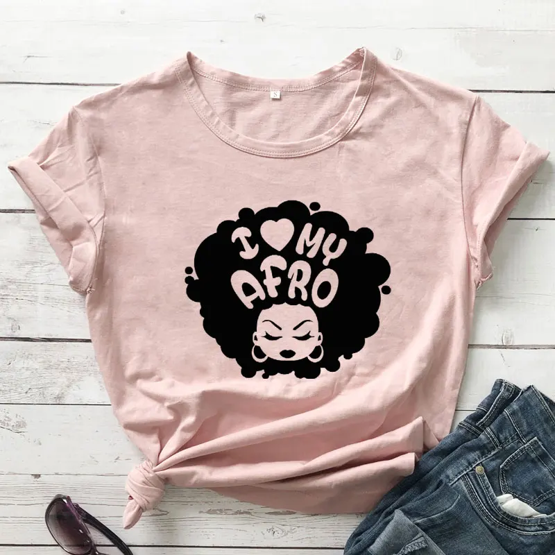 

Футболки с надписью «I Love My афро 100% из хлопка Милая футболка для девочек черного цвета Magic Футболка Топ высокого качества женские черные Мощн...