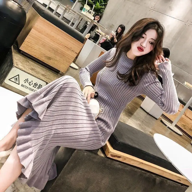 

Elegant Vintage Dress Knitted Long Sleeve Autumn Winter 2021 Sweater Dresses Korean Style Fashion Outfits