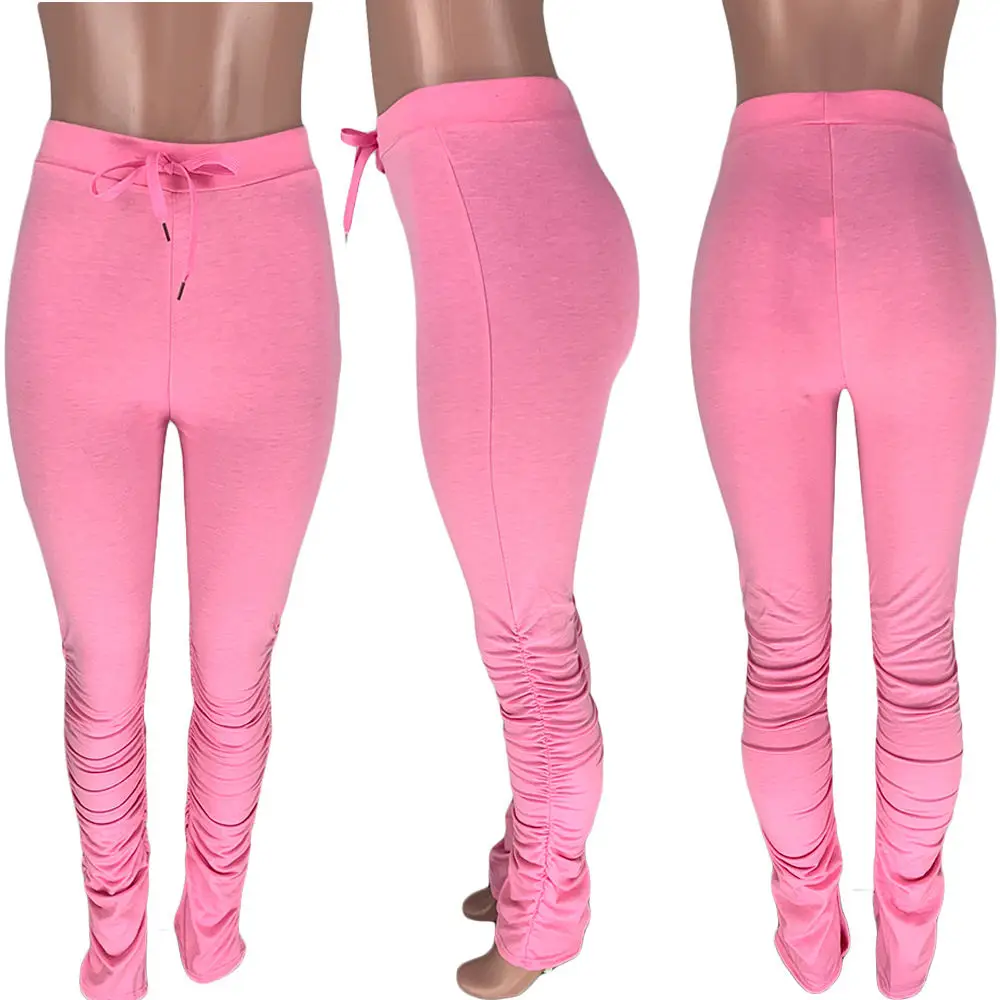 

High Waist Sweatpants Women Joggers 2020 Elastic Summer Stacked Leggings Bell Bottom Trouser Split Hem Flare Ruched Pant