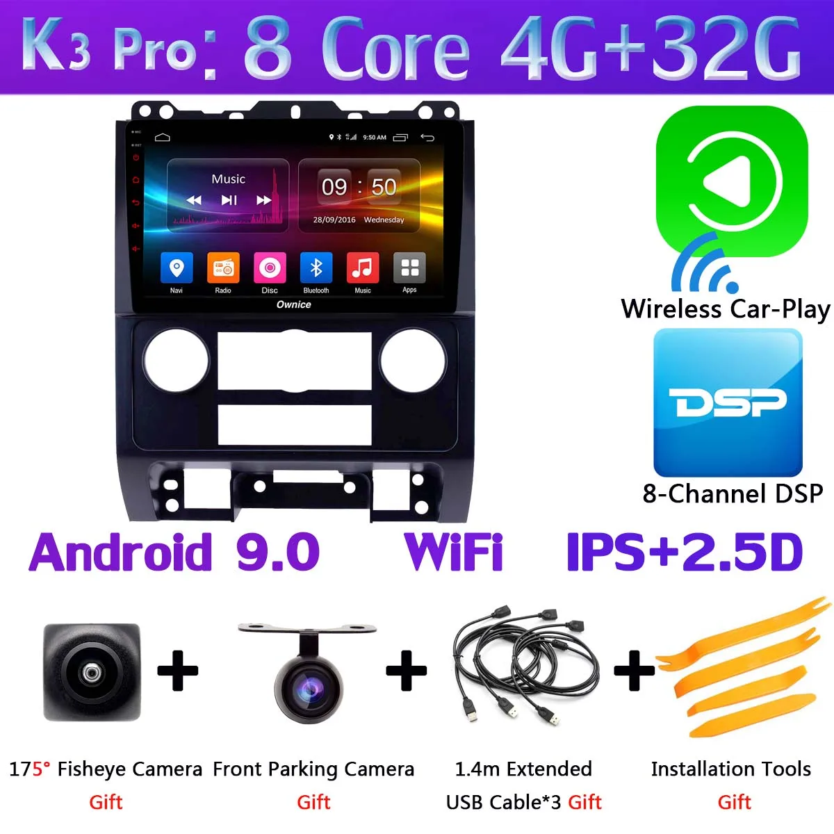 360 ° панорамный Android 9,0 4+ 64G DSP SPDIF CarPlay Android Авто Автомобильный мультимедийный плеер для Ford Escape Tribute 2007-2012 gps радио - Цвет: K3 Pro CarPlay