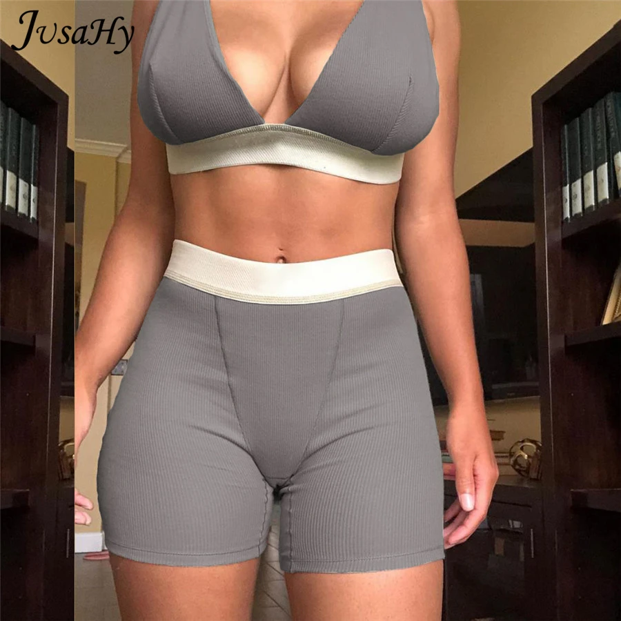 

JusaHy Summer Basic Tracksuit for Women V-Neck Vest+Biker Shorts Two Pieces Sets Fitness Streched Skinny Athletic Sportwear Hot