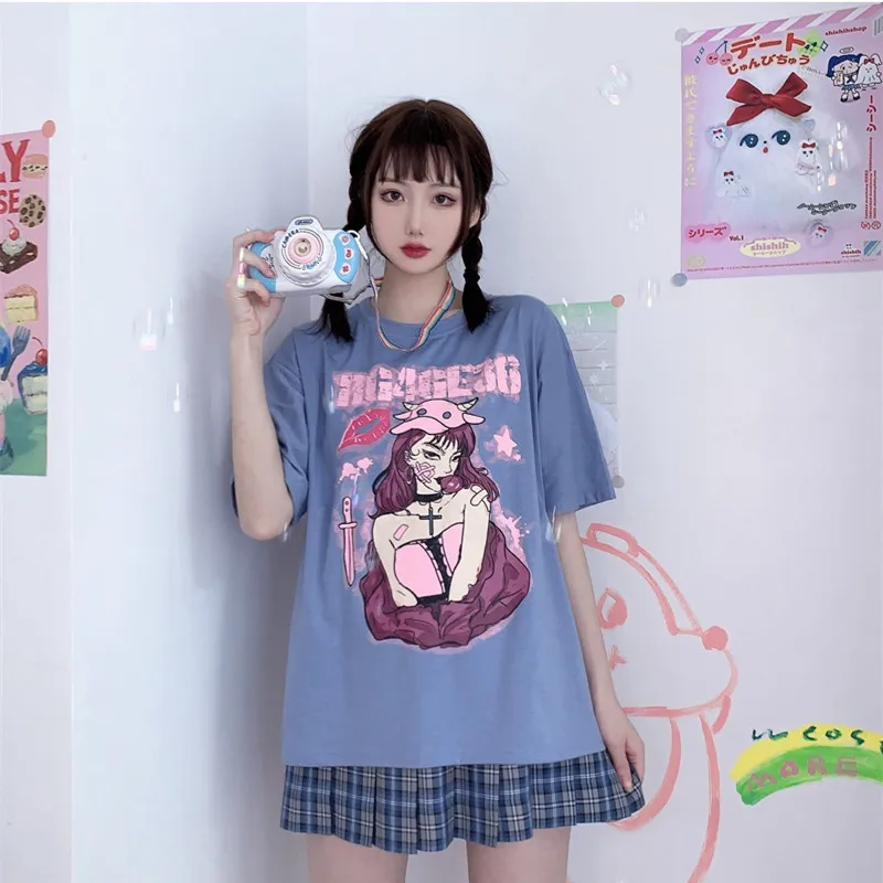 

2021 Summer Women T-shirts Girl's Sweet Dark ACG Cartoon Girl Printed T-shirt Gothic Punk Harajuku Short Sleeves Tshirts