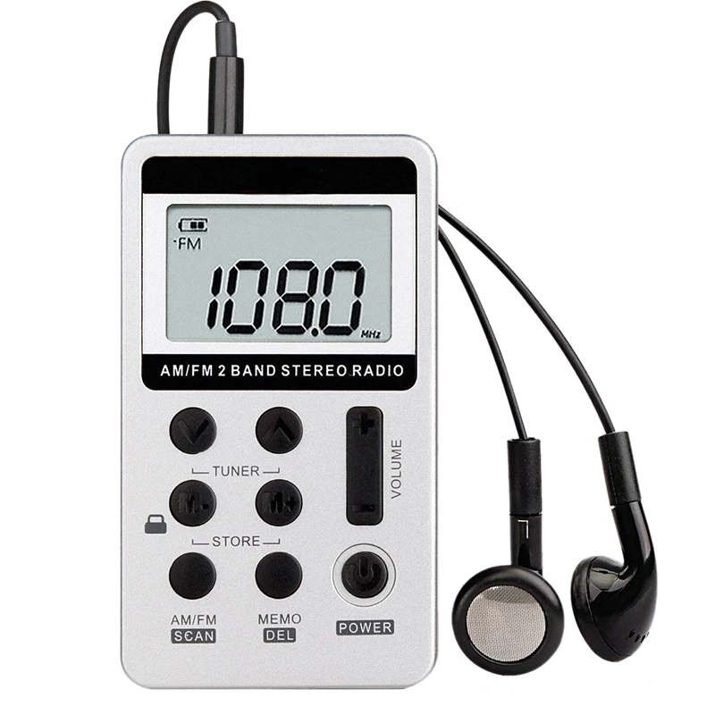 AM FM Portable Pocket Radio Mini Digital Tuning Stereo with Rechargeable Battery and Earphone for Walk/Jogging/Gym/Camping (Sil |