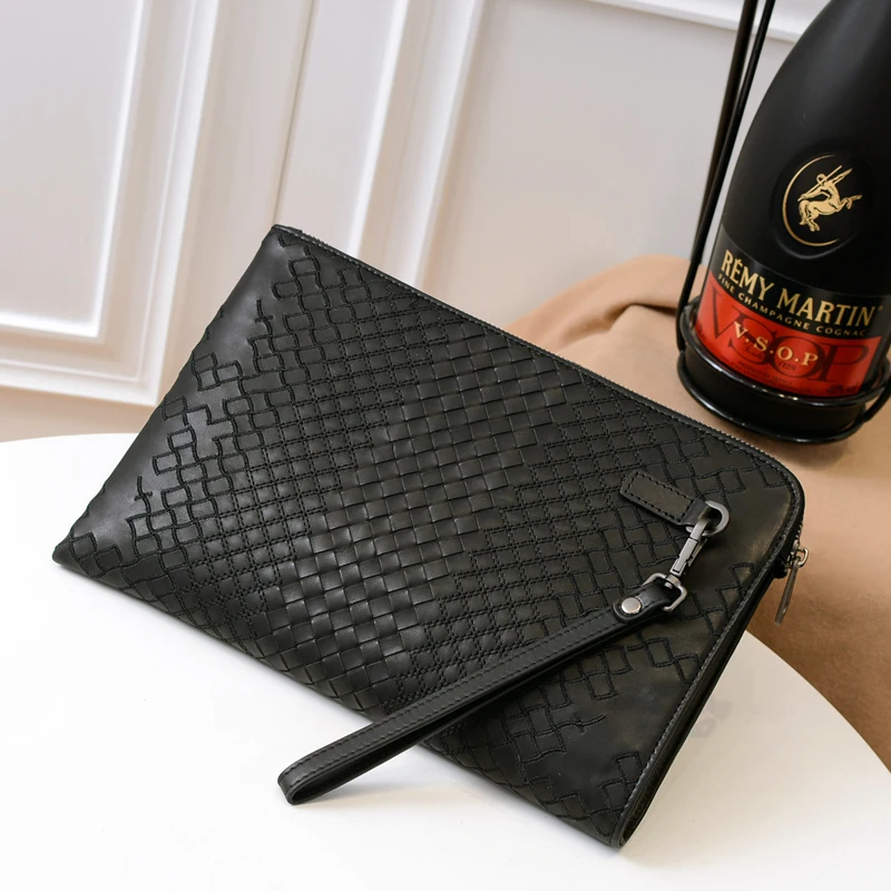 Luxury Brand Leather Woven Embroidered Clutch Bag Men's Thin Youth Envelope IPAD bag Korean Version Folder Bag Soft Leather Men'