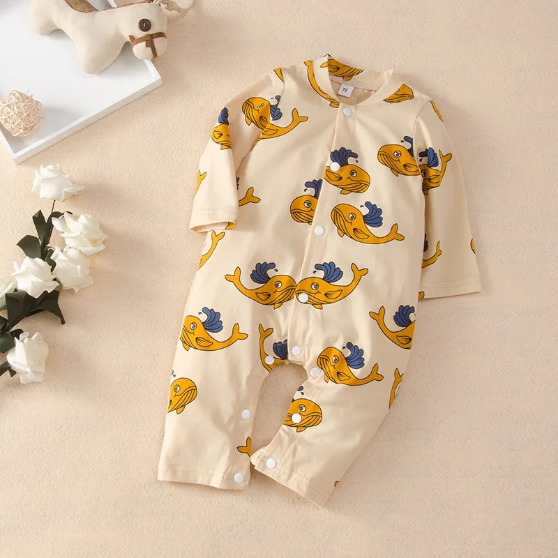 

Hot Selling Cotton Cartoon Whale Print Long Sleeve Single Breasted Baby Romper Casual Soft Fall Winter Baby Boy Clothes 0-18M