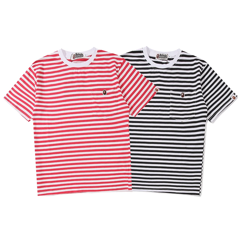 

Striped Crew Neck Tee Shirts Harajuku Mini Ape Head Embroidery Short Sleeve T-Shirt Black Loose Top Tees Summer Unisex Clothing