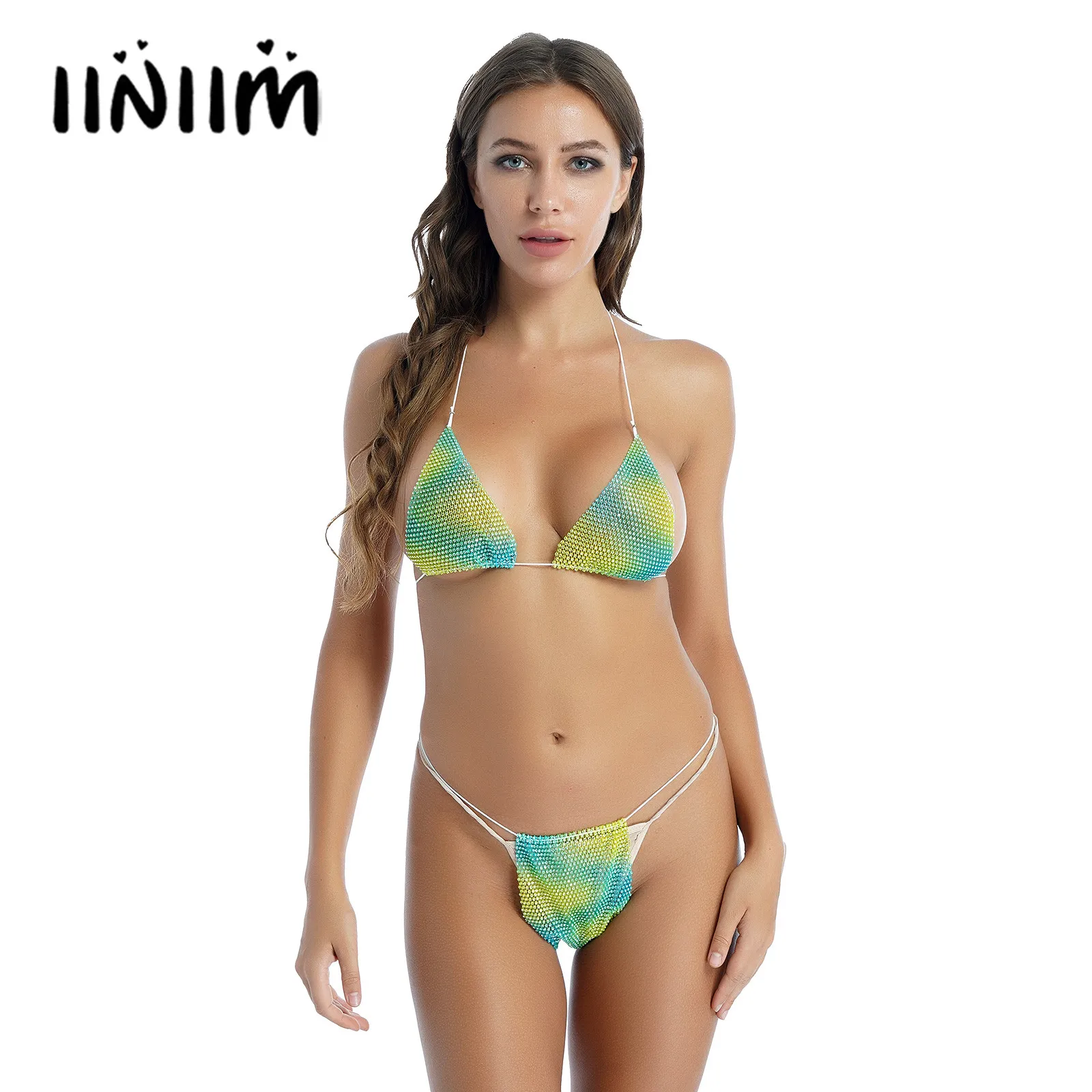 

Женский купальник Блестящий Стразы комплект нижнего белья из двух частей модное ажурное нижнее белье купальники бюстгальтер с лямкой на ше...