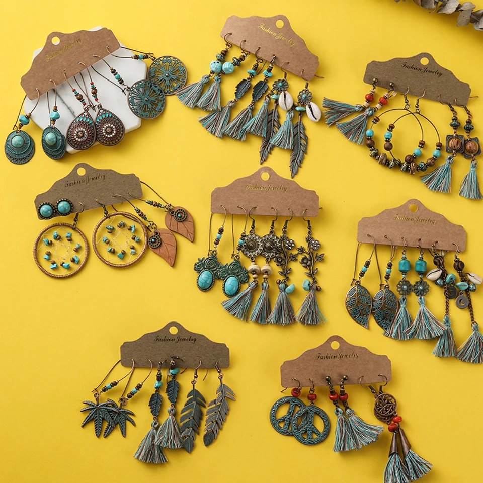 

Vintage Long Green Tassel Fringe Hanging Earrings for Women Girls Jewelry Ethnic Big Round Circle Leaf Flowers Wooden Earrings