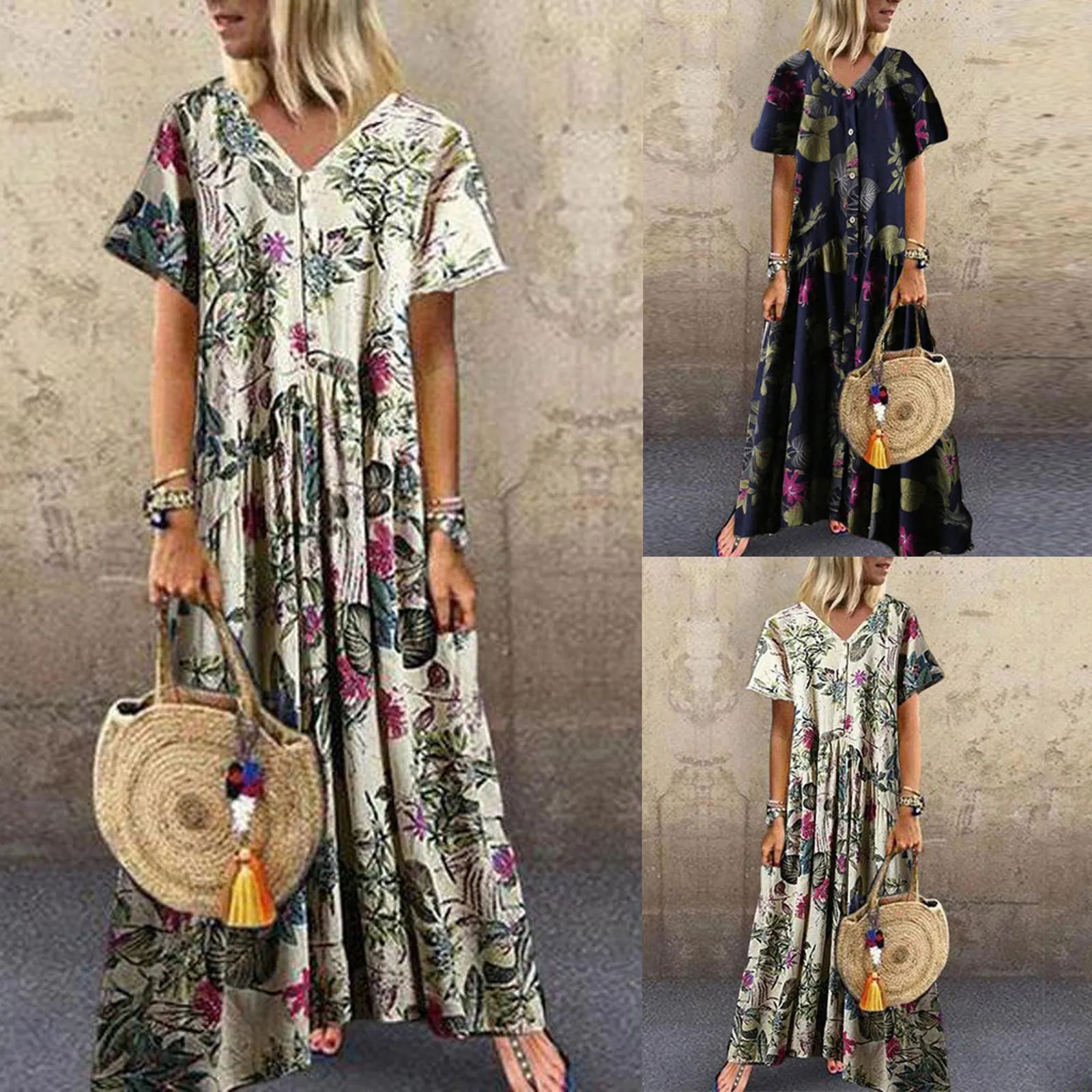 

New Summer Dress Women Fashion Retro Printing V-neck Bohemian Short Sleeves Comfy Casual Dress Dresses For Women 2021 Vestidos