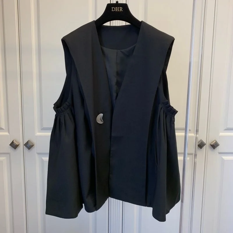 

Черная одежда, плиссированный костюм с зонтиком, жилет, пальто, Женский Топ, новинка сезона осень-зима 2021, Корейская Свободная Повседневная ...