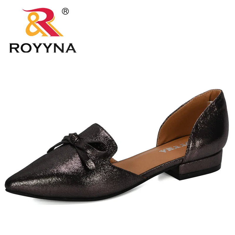 ROYYNA 2020 New Designers Bowknot Shiny Leather Chunky Low Heels Single Shoes Woman Comfortable Pointed Toe Pumps Zapato Mujer | Обувь