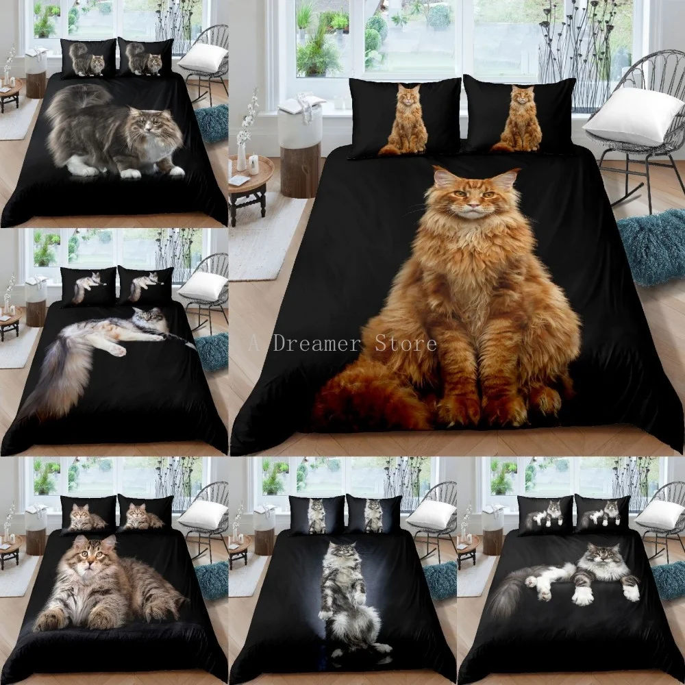 

3D Bedding Sets Cute Cat Print Duvet Quilt Black Cover Set Funny Animal Comforter Bed Cover Pillowcase King Queen 240*220cm Size
