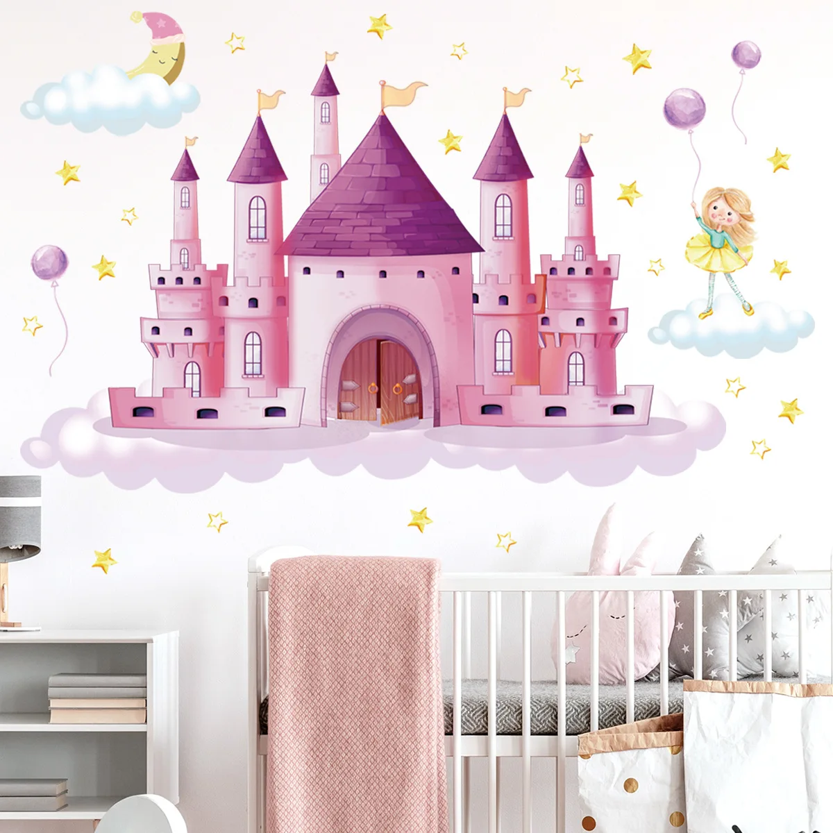 Pink Star Moon Castle Wall Stickers Children's Room Princess Bedroom Background Decoration Cartoon Wallpaper | Дом и сад