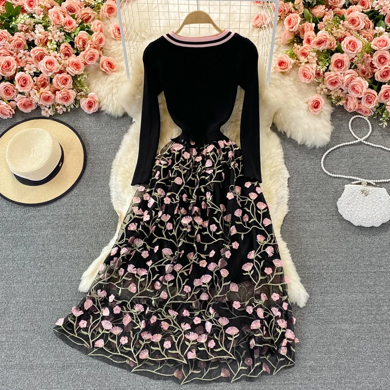 

Uulutonica Winter Women Elegant Fashion A-line Floral Patchwork Gauze Mid-calf Empire O-Neck Knitting Dress