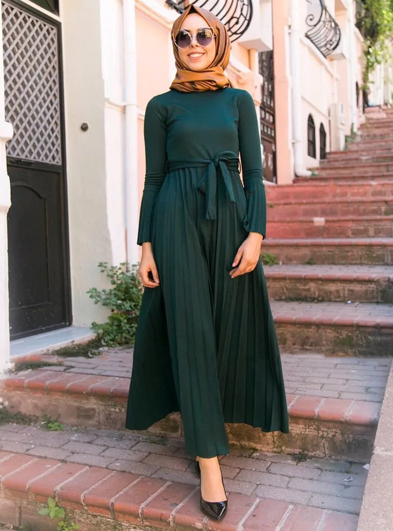 

Fashion Abaya Dubai Ramadan Pleasted Hijab Muslim Dress Female Caftan Turkish Islamic Clothing Kaftan Robe Musulman Abayas