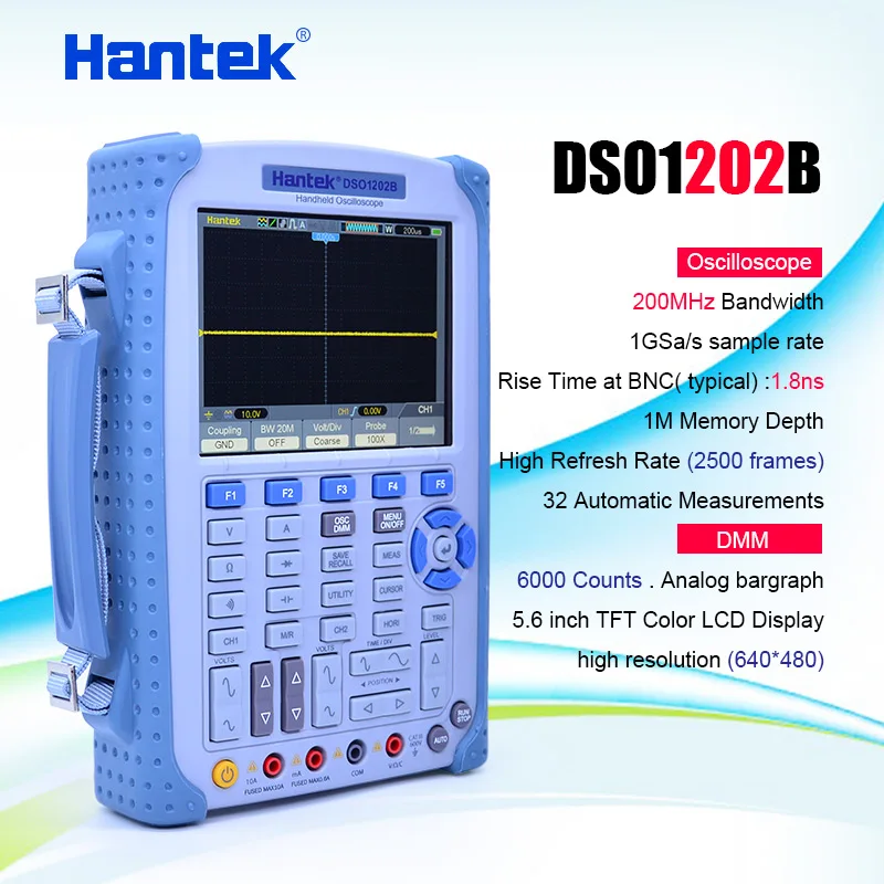 Hantek DSO1202B Ручной осциллограф 2CH 200 МГц 1GSa/s 1 м глубина памяти с 6000 мультиметр прямые