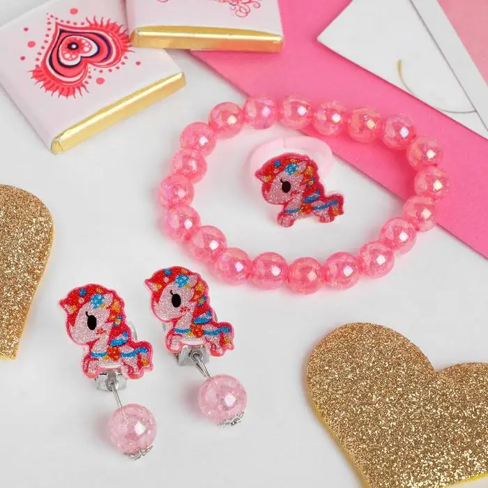 Набор детский Выбражулька 3 предмета: клипсы браслет кольцо единороги