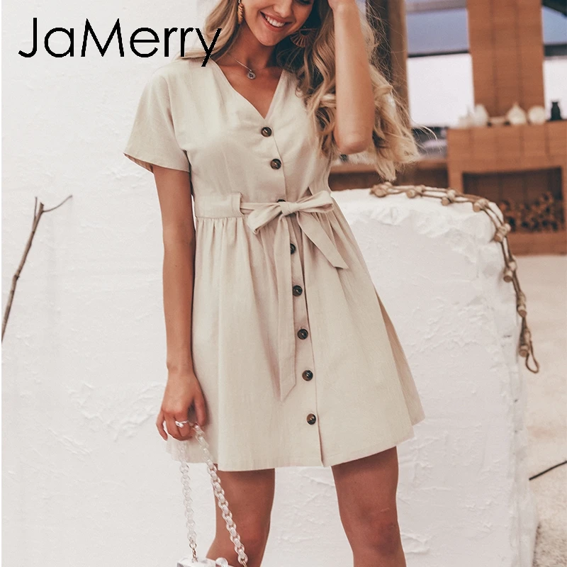 JaMerry, винтажное однотонное мини-платье на пуговицах, женские платья с коротким рукавом из хлопка и льна, Повседневная Уличная одежда, корейское летнее праздничное платье