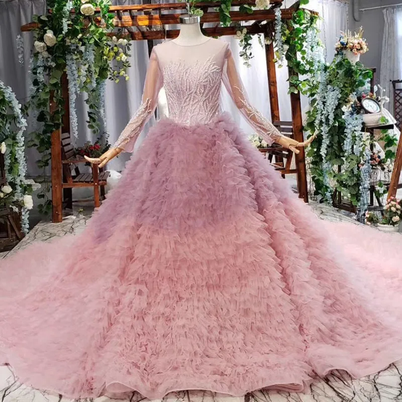 

BGW 2020 Pink Evening Dress Long O-neck 3D Flowers Long Sleeves Bridal Wedding Party Dress Gown Cake Style Vestito Da Sera Lungo