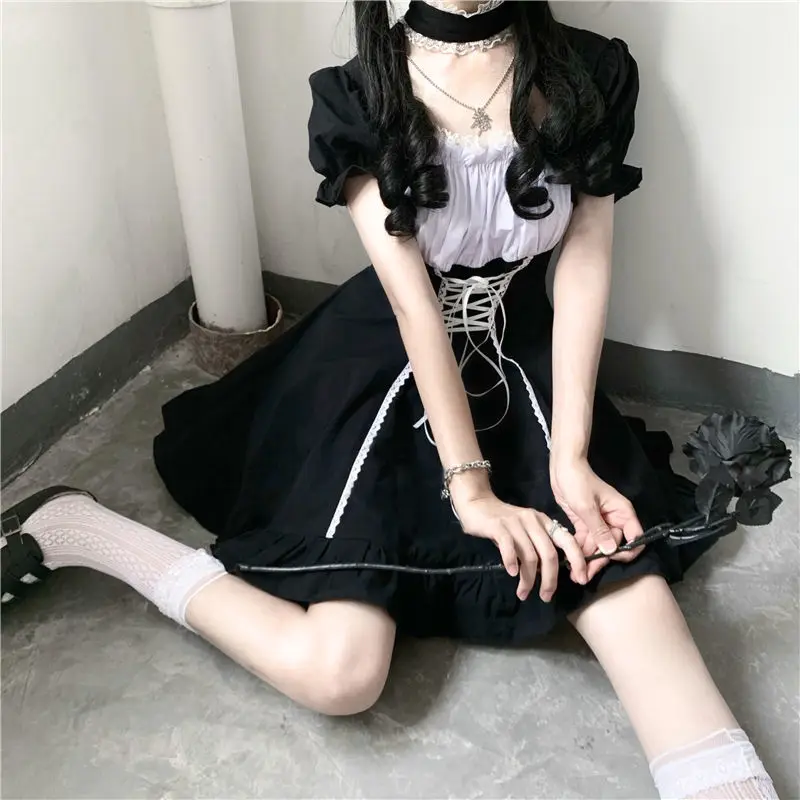 

Victorian Black Gothic Lolita Summer Dress Japanese Girl Punk Style Puff Sleeve Bandage Dress Women Dresses Harajuki Vestido