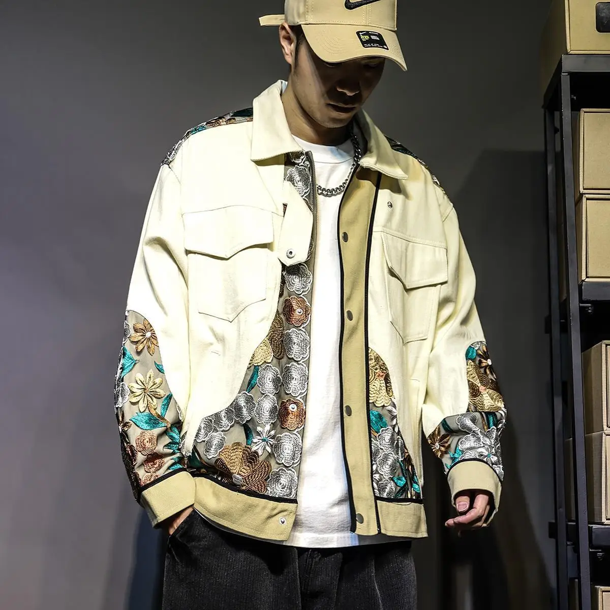 Куртка мужская с вышивкой повседневная бейсбольная форма свободный лоскутный