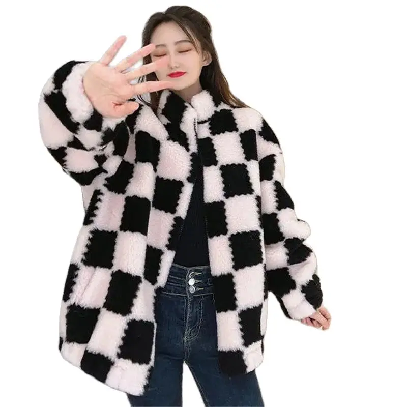 

Осень-зима 2021, модное новое пальто из овечьей шерсти, женский свободный шахматный топ с подкладкой в клетку из искусственного меха и бархата