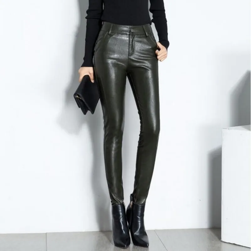 Women 2023 New Sexy High Quality Pu Leather Skinny Pants Biker Fleece Lining High Waist Office Lady Long Leather Pencil Pants