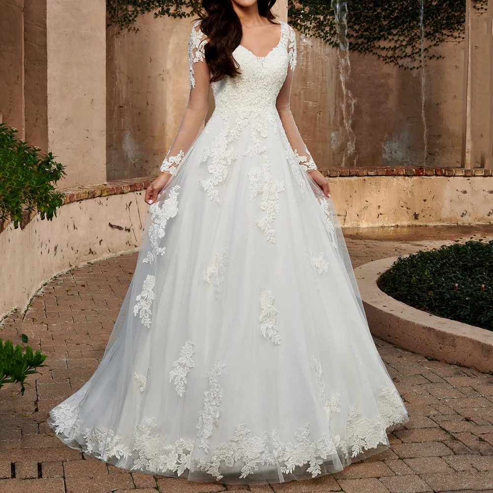 

Stunning Long Sleeves Wedding Dress Court Train Bridal Gowns Sheer with Floral Applique Open Back Layers Tulle