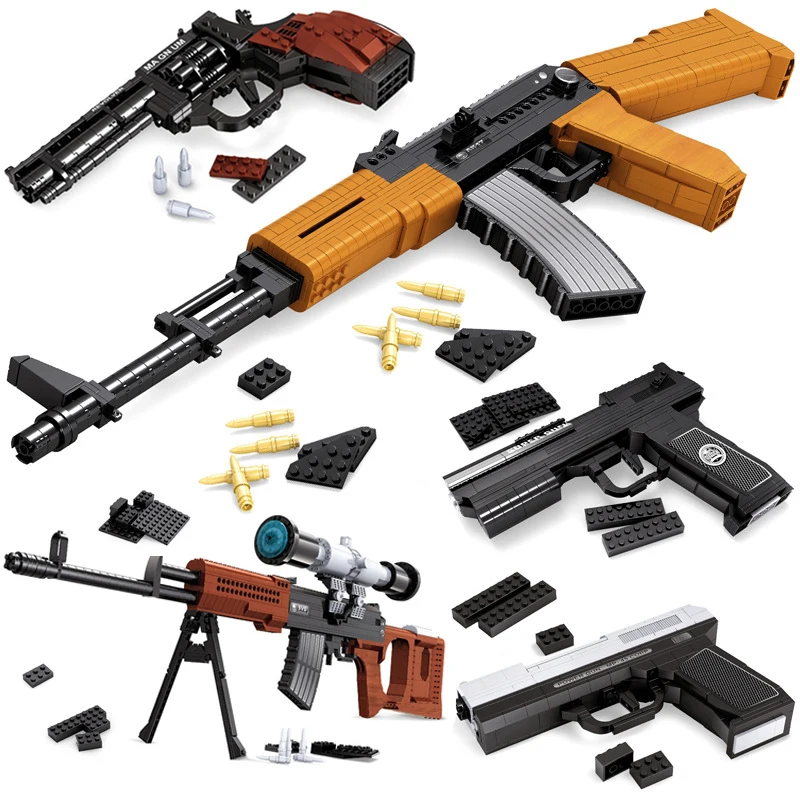 

Military Series WW2 Revolver Pistol Desert Eagle AK47 SVD Sniper Rifle Submachine Gun Building Blocks Weapon Bricks Toys For Boy