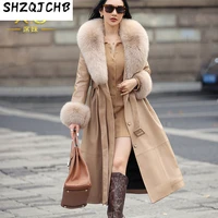shzq 2021 winter new big fox fur collar leather down jacket womens slim medium and long sheepskin jacket