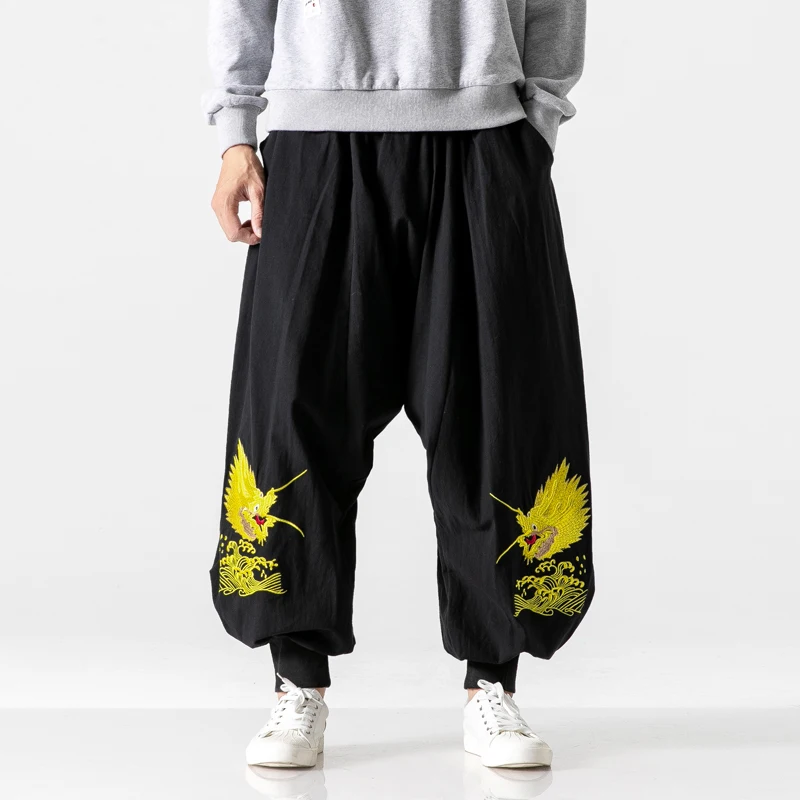 

High Quality Men Embroidery Wide Leg Pants 2020 Male Chinese Style Loose Trousers Men's Oversize Harem Pants Fashions Streetwear