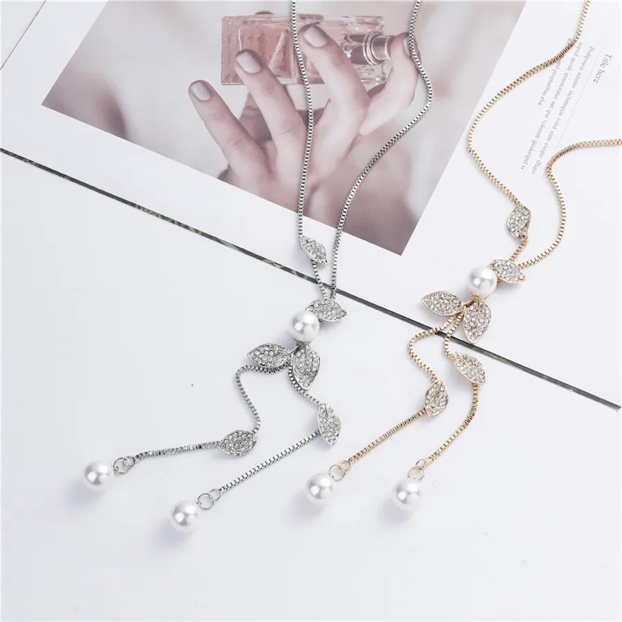 Многослойная подвеска с жемчужными кристаллами в виде листьев и цветов длинная