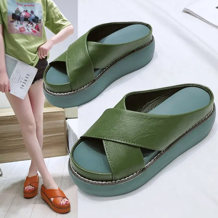 

Peep Toe High Heels Women Wedges Slippers Fashion Pu Leather High-heeled Women Flip-flops Thick Heels Women Slippers De Mujer