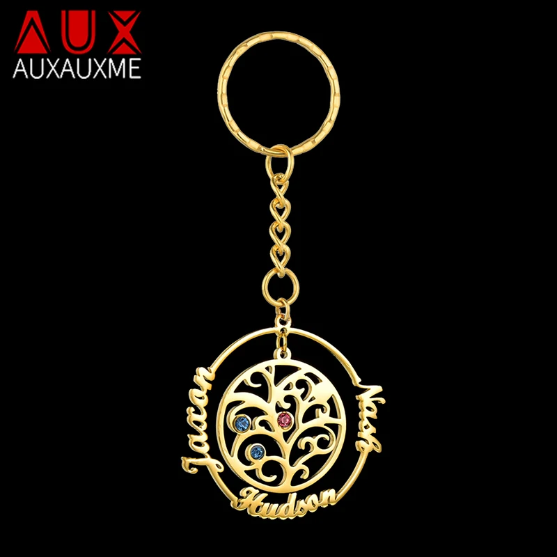 

Auxauxme Custom Birthstone Tree of Life Keychains Stainless Steel Family Member Tree Keyring Birthday Gifts for mom Dad 1-3 name