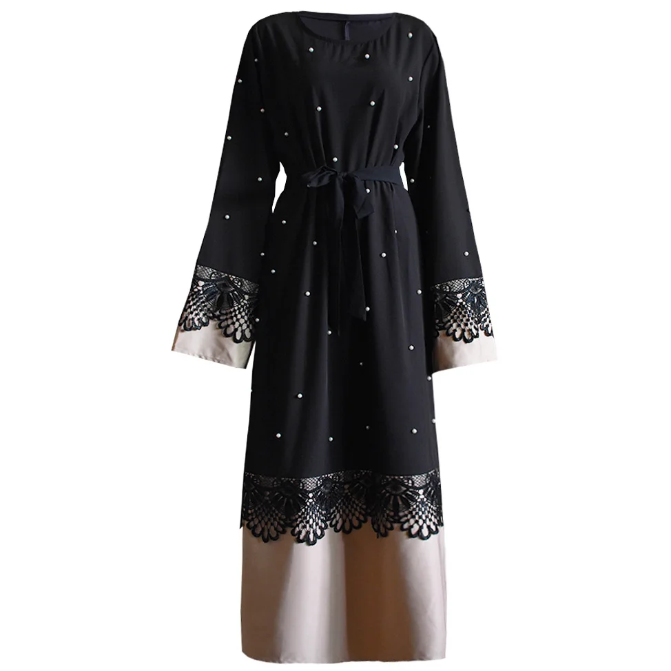 

WEPBEL Fashion Lace Flower Flora Beaded Women Dress Muslim Abaya Ramadan Loose Long-Sleeve Dress Female High Waist O Neck