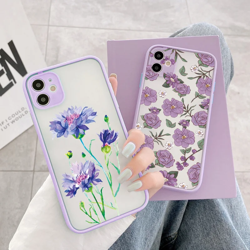 

Purple Flower Phone Case for iphone 12 11 13 Pro Max X XS MAX XR for iphone 6 7 8 Plus SE 2020 Hard Shockproof Mint Blue Cover