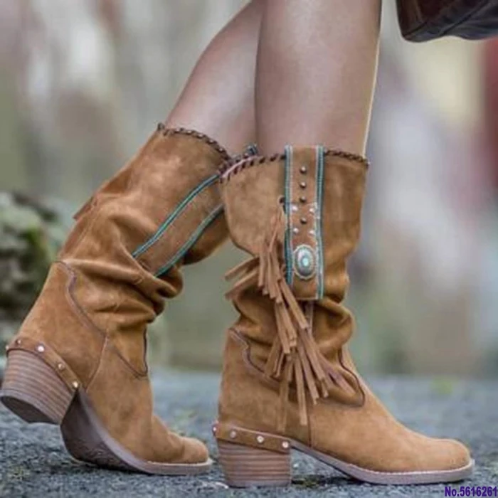 

2020 Nice Bohemian Boots Women Ethnic Tassel Fringe Faux Suede Leather Mid Half Winter Boots Woman Square Heel Shoe Booties