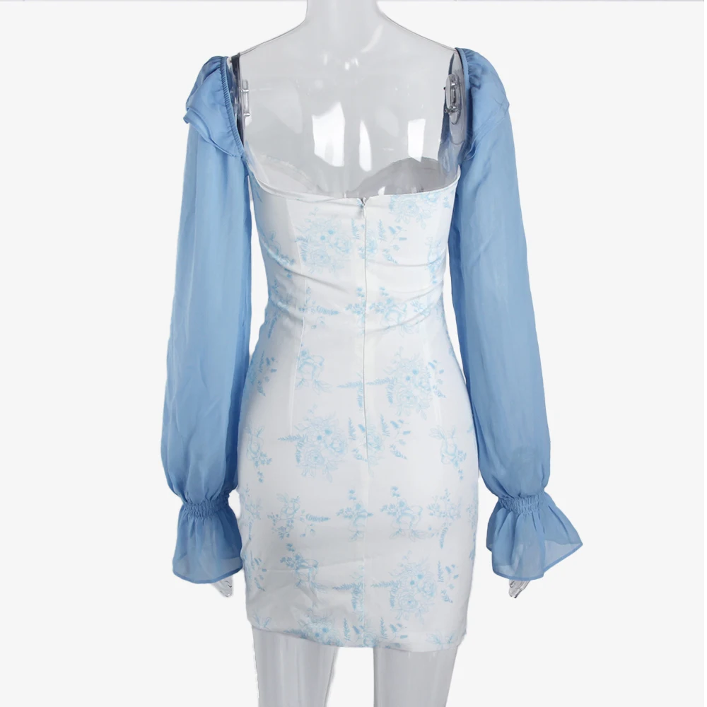 

Long Sleeve Print Bodycon Mini Dress 2021 New Blue Floral Off Shoulder Chiffon Dresses Women Summer Sexy Club Party Outfits