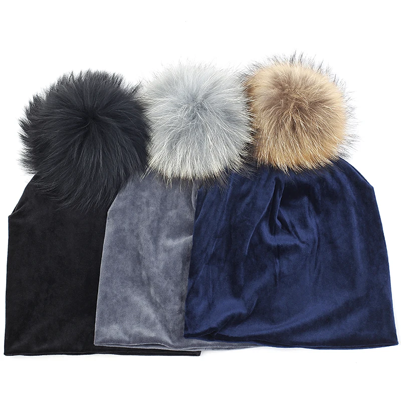 

Women Beanie Solid Color Hat 15cm Real Fur Pompom Autumn Winter Outdoor Warm Hat Beanies Adult Cap
