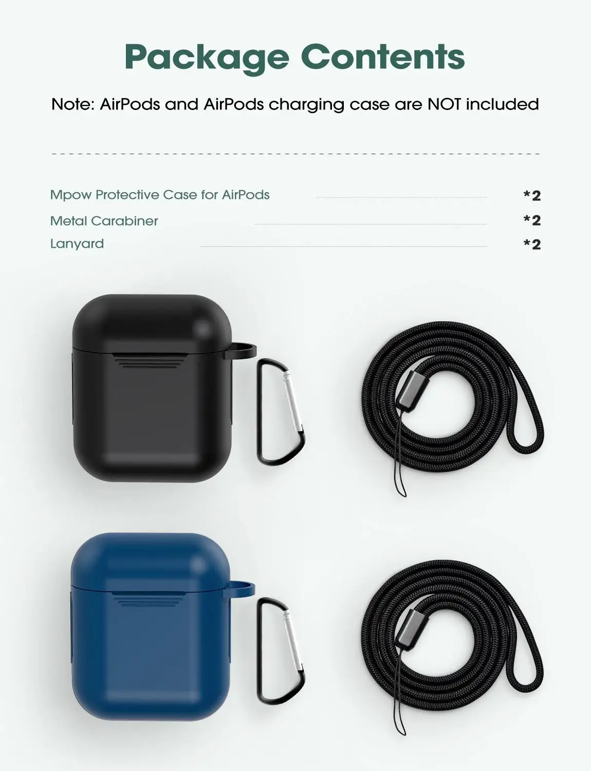 2 упаковки Mpow BH424 силиконовый защитный чехол для переноски Airpods 1/2 с карабином и